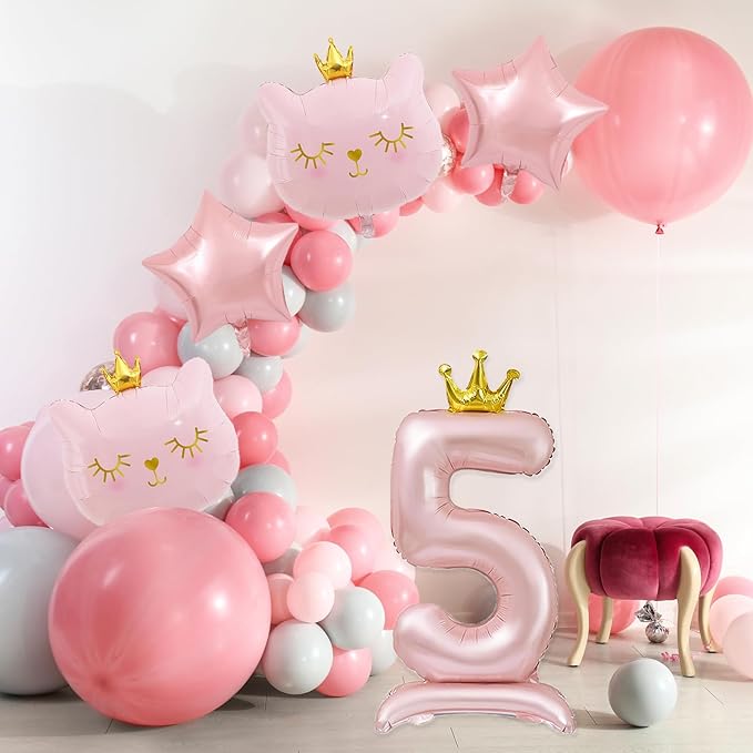 Pink Cat Balloon Set, Crown Cat Foil Balloon, 5 Year Old Girl Birthday Party Decoration, Cat Theme Party Decoration, Theme Party Supplies for Girls Kitten Pet Cat (5)