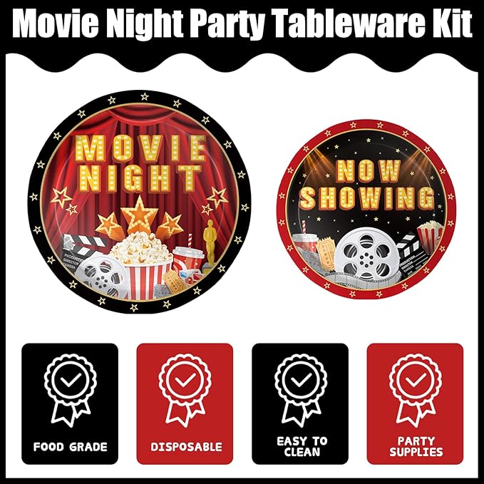 170pcs Movie Night Party Supplies Now Showing Paper Plates Napkins Disposable Tablecloth Banner Cups Theater Hollywood Clapboard Napkins Red Carpet Birthday Party Decorations 24 Guests