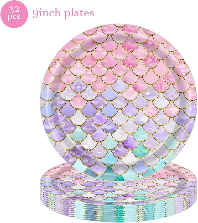 Mermaid Birthday Decorations,40 Pack Paper Plates for Baby Shower Party Supplies Mermaid Under the Sea Theme Party Disposable Dinnerware Plates for Mermaids Princess Birthday Party (9 Inch)