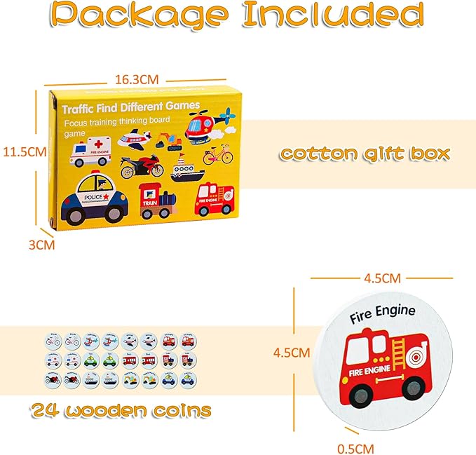 Wooden Match Memory Game for Kids, 24Pc Memory Matching Cards, Educational Memory Matching Game for Pre-Kindergarten Early Learning Development Girls and Boys-Vehicle