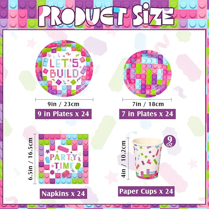 Gejoy 171 Pcs Building Block Birthday Party Supplies Tableware Kit Include Plates Cups Knives Forks Spoons Napkins Tablecloths Banner for Girls Birthday Party Decoration Serve 24 Guest (Sweet Color)