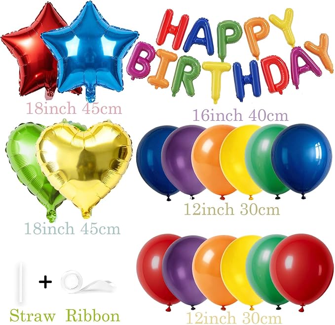 27 PCS Happy Birthday Balloon, Birthday Decorations 3D Foil Happy Birthday Banner 18 Inch Heart - Balloons Pentagram Confetti Balloons 12 Inch Party Decoration Supplies (Colorful)