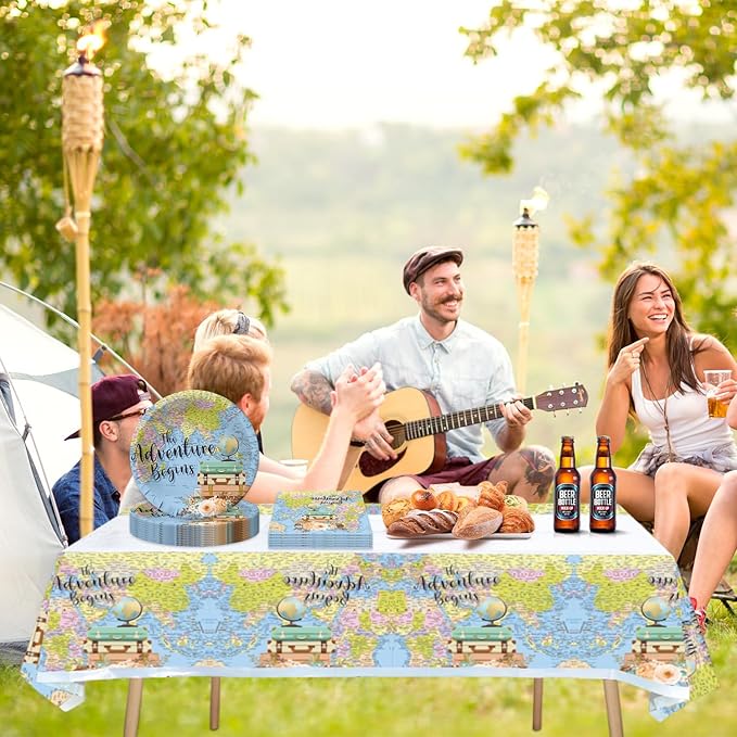 41pcs Adventure World Awaits Map Party Supplies ,include 20 Dessert Plates, 20 Napkin and 1pcs Tablecloth, Adventure World Awaits Map Party Set Used for The Adventure Begin Birthday Party Decoration