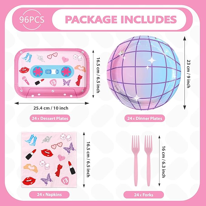 96Pcs In My Birthday Era Party Decorations Era's Birthday Singer Music Plates and Napkins Sets Iridescent Disco Music Friendship Decorations for Girls Women Bday Bachelorette Party Supplies Serves 24
