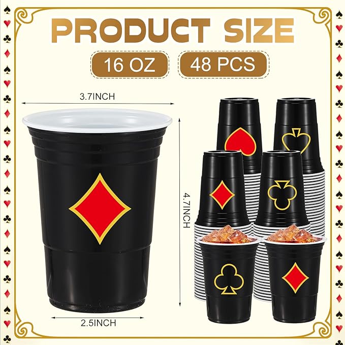 48 Pcs Casino Party Cups 16 oz Casino Theme Party Decorations Plastic Disposable Poker Las Vegas Cup Hot Cold Drink for Birthday Wedding Decorations(Poker Night)