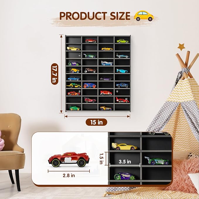 2 Pack Toy Car Display Shelf, Holds 80 Diecast 1/64 Toy Cars, Wall Mount Model Car Storage Organize Case, Black