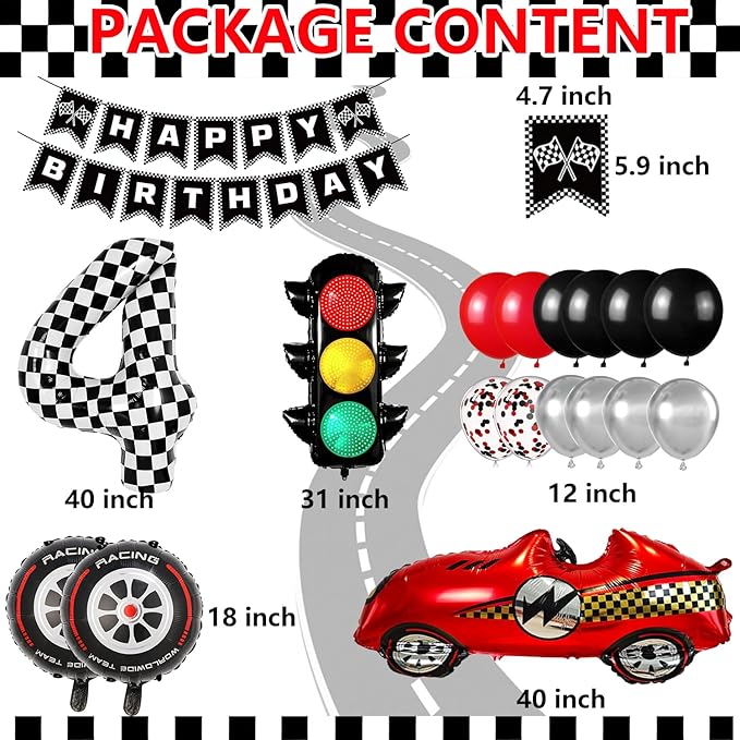 Race Car Birthday Party Decorations, with 40 Inch Number 4 Balloon, Happy Birthday Banner, Race Car, Traffic Light and Foil Tire Balloon for 4th Themed Birthday Party Supplies