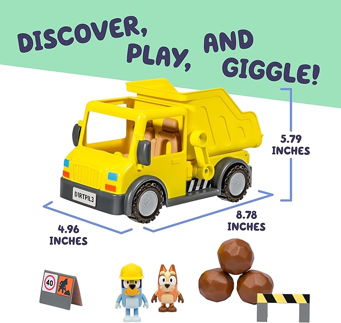 Bluey Dump Truck Toy Playset, Sturdy Working Toy Dump Truck with 2 Articulated Figures and 3 Huge Boulders, Construction Toys for Kids of Ages 3+
