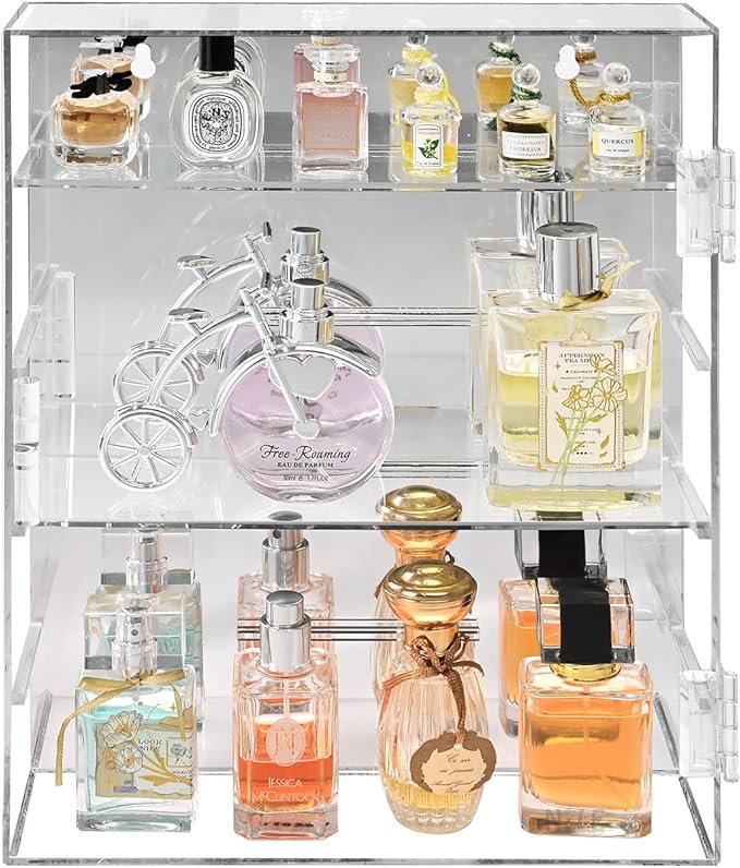 Ikee Design Mirror Back Premium Acrylic Wall Mountable Display Case with 4 Shelves for Figures and More, Acrylic Case for Home Decor, Shop Display and Showcasing Use, 10.87 W x 2.87 D x 14 H in