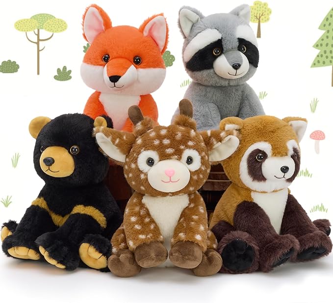 MaoGoLan 5 Pcs Woodland Animals Plushies Bulk Stuffed Woodland Toys Baby Shower Decorations, 8'' Grizzly Bear Deer Fox Raccoon Red Panda Forest Party Favors Easter Valentines Gifts for Girls
