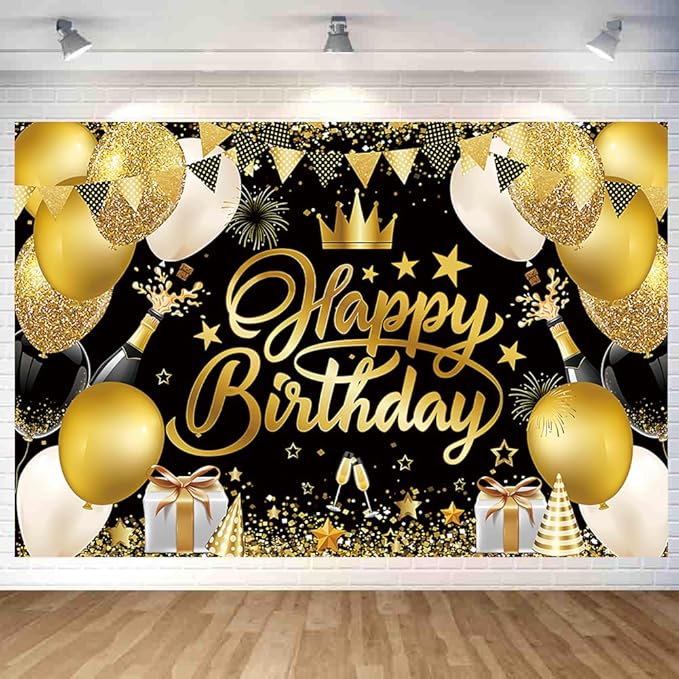 Black Gold Happy Birthday Backdrop Decorations Black Gold Happy Birthday Banner Photo Background for Home Indoor Outdoor Party Decorations Supplies 70.8 x 47.2 Inch