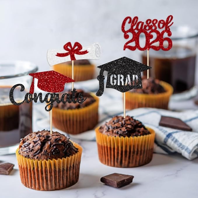 Red and Black Graduation Cupcake Toppers Decorations Class of 2026 Cupcake Topper Graduation Cup Cake Picks Congrats Grad Party Decor Supplies Set of 24