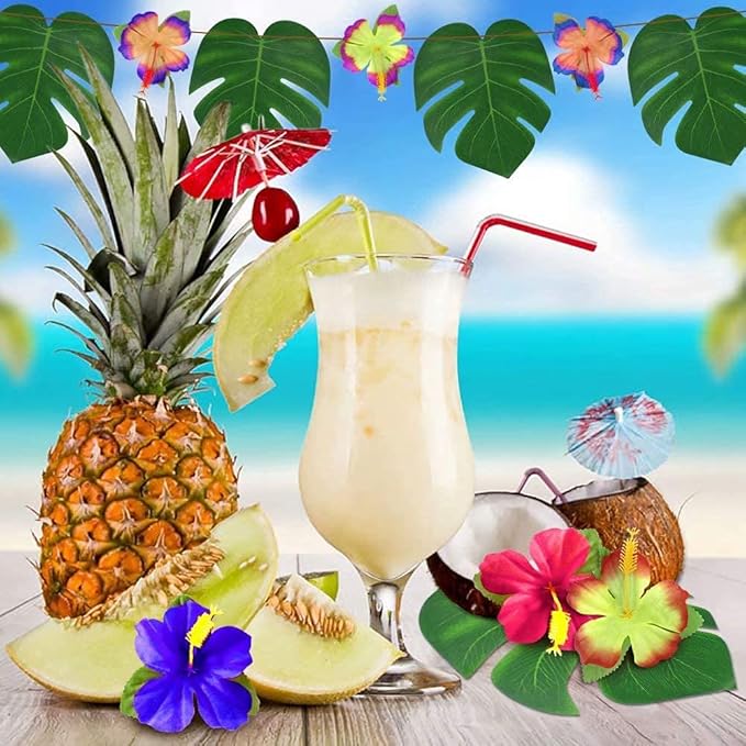 126Pcs Luau Party Decorations Supplies Tropical Palm Leaves Hibiscus Flowers Simulation Artificial Leaf for Hawaiian Luau Safari Parties Jungle Beach Theme BBQ Birthday Party Decorations Table Décor