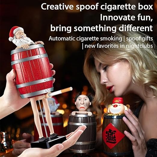 Funny Cigarette Dispenser, Novelty Gag Collectibles Prank Automatic Bounce Cigarette Case, Santa Claus in The Wooden Barrel Cigarette Box, Prank Toy Gift for Man