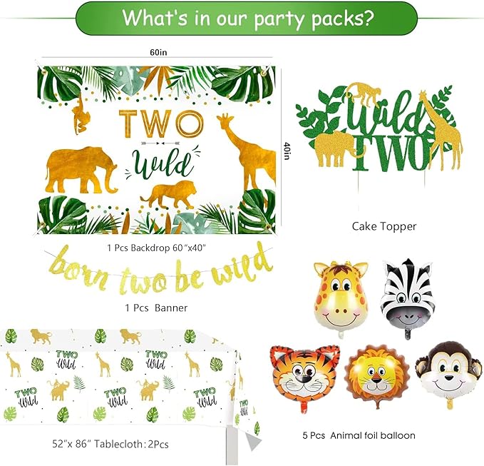Two Wild Birthday Decorations - Safari Jungle Theme 2nd Birthday Party Supplies Includes Banner, Backdrop, Balloons Arch, Tablecloth, Topper, Two Wild Jungle Safari Theme Party Decorations