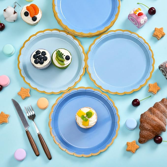 96 Pcs Blue Scalloped Party Paper Plates, 9 Inch Cute Blue Disposable Dessert Baby Bridal Shower Dinner Birthday Cake Paper Plates for Party Bridal Baby Girl Shower Wedding Supplies