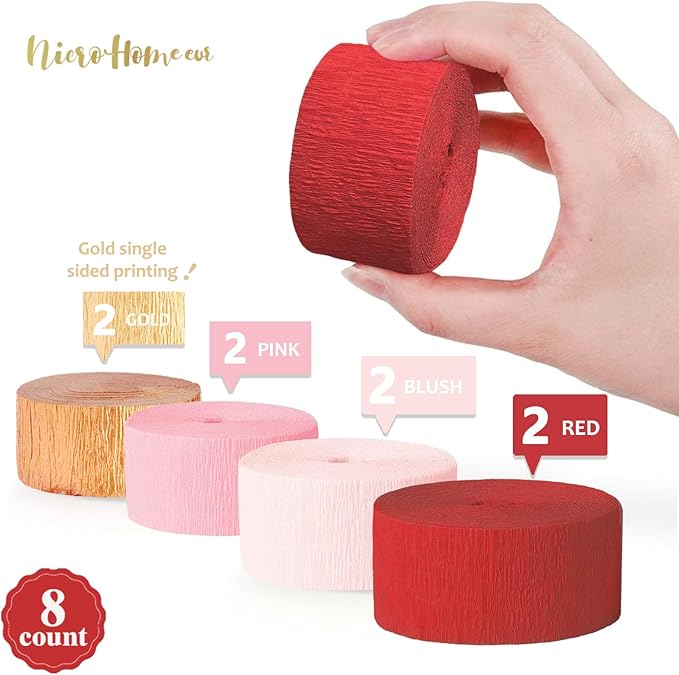 NICROHOME EUR Valentine's Day Decorations, 8 Rolls Pink Red Crepe Paper Streamers for Galentine's Day, Baby Bridal Shower, Birthday Party, Wedding Decorations, 82 Ft Long