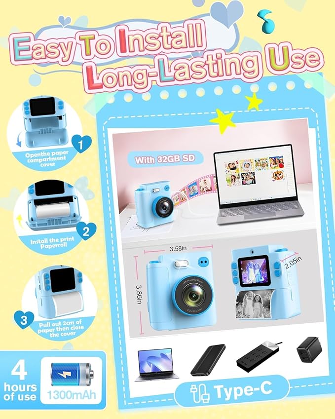 Mason & Friends Kids Instant Print Camera – 1080P HD Digital Camera for Boys & Girls Ages 3–10 | Photo, Video, Music & Games | Includes 32GB SD Card – Perfect Birthday (Blue)