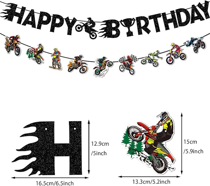 Zwiebeco Motorcycle Happy Birthday Party Decoration Banner Bunting Garland Hanging Paper for Harley Inspired Dirt Bike Racing Theme Boys Girls Men Women Kids Adults Birthday Decor Accessories Supplies
