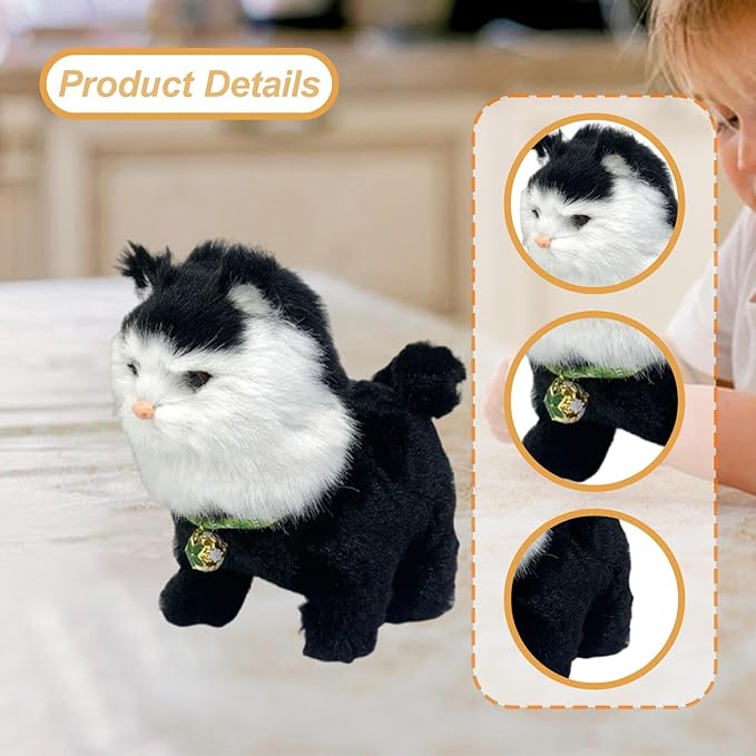 Electronic Walking Cat Toy, Robotic Pet, Vivid, Realistic, with Moving Tail, and, for Children, Black