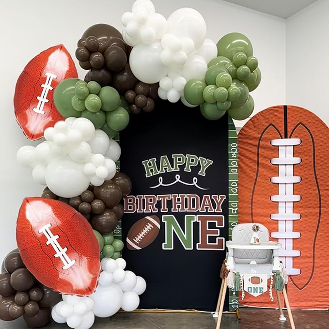 Football Balloon Arch Kit,Sage Green White Coffee Balloons with Football Foil Balloon for Boy First Year Birthday Sport Party Decorations Baby Shower Graduation Sport Themed Party Supplies