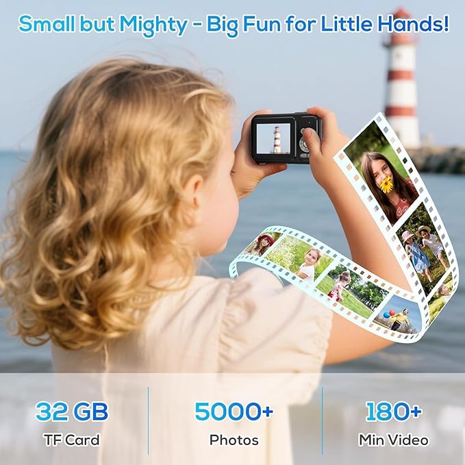 Digital Camera for Kids, 48MP FHD 1080P Point and Shoot Digital Cameras with 16X Zoom Anti-Shake, Compact Portable Cameras for Photography, for Boys Girls Teens Beginners-Glossy Black