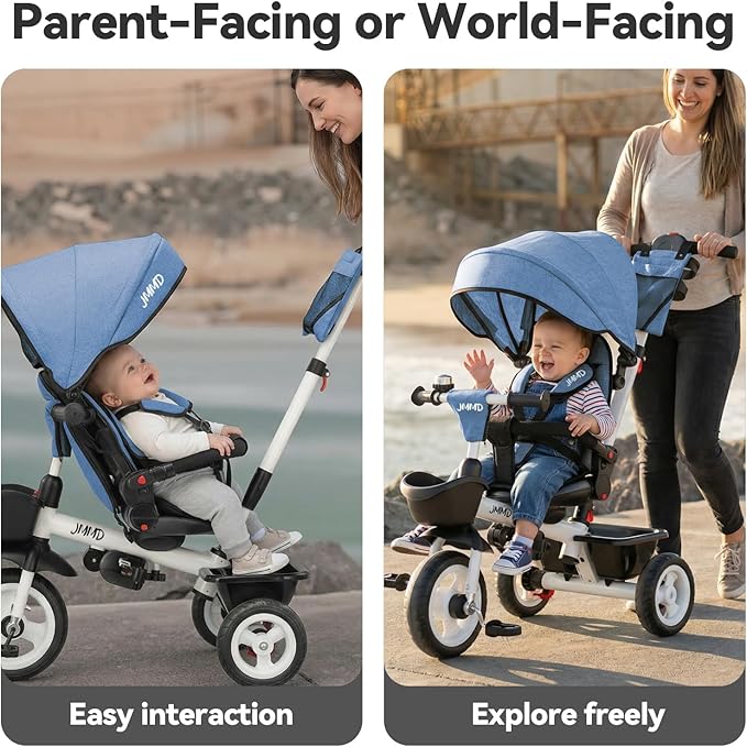 Toddler Tricycle with Push Handle, 7 in 1 Stroller Trike with 360° Swivel Seat, Reclining Backrest, All-Terrain Wheels, Dual Brakes, Canopy & Storage, Gift for Kids 18 Months to 5 Years, Blue