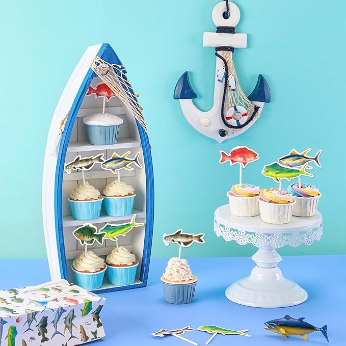 WERNNSAI 36PCS Fishing Cupcake Toppers - Fishing Birthday Party Cake Decorations for Kids Boys Gone Fish Cake Toppers Fishing Baby Shower Party Supplies Summer Outdoor Fishing Party Favors Cake Decor