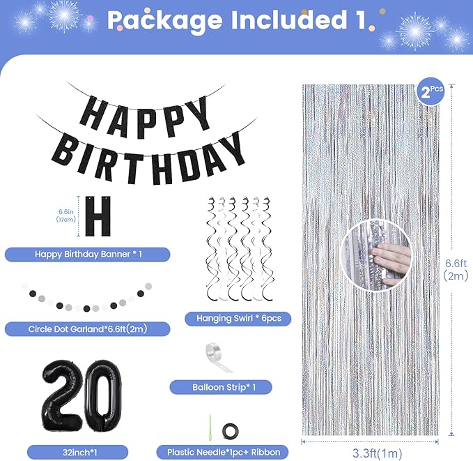 20th Birthday Decorations for Boys Girls, Silvery and Black Happy 20th Birthday Banner,Number 20 Balloons Arch Kit for 20 year old Birthday Party Decorations