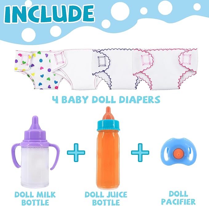 6 Pcs Baby Doll Accessories, 4 Doll Diapers for 14-18 Inch Doll, Magic Disappearing Milk & Juice Bottles with Toy Pacifier for Reborn Baby Doll Diapers and Feeding Bottle Toys Reusable
