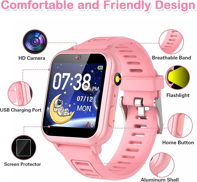 Cosjoype Kids Game Smart Watch Gift for Girls Age 6-12, 39 Puzzle Games HD Touch Screen Kids Watches with Video Camera Music Player Pedometer Flashlight 12/24hr Toys for 7 8 9 10 11 12 Year Old Girls