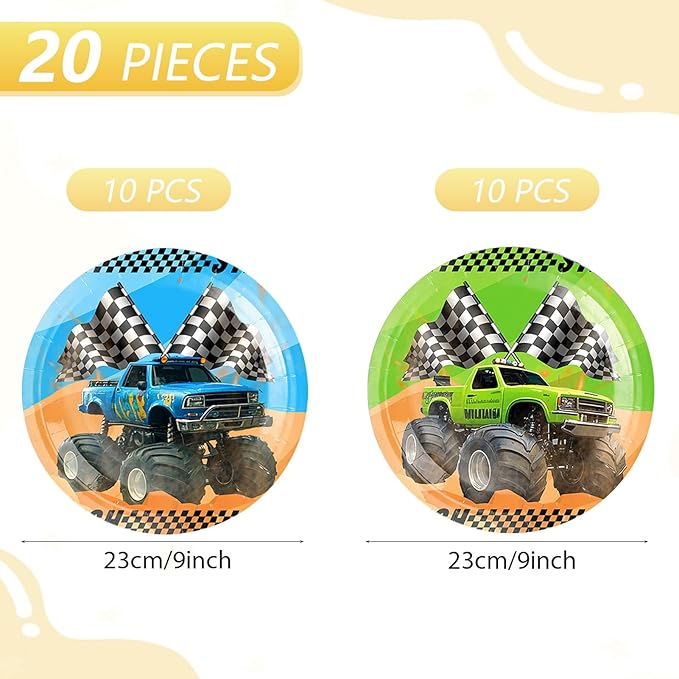 20Pcs 9Inch Monster Truck Plates Monster Truck Party Decorations Machines Jam Theme Tableware Paper Plate Set Disposable Dessert Plates,for Boys Truck Themed Birthday Party Decorations Supplies