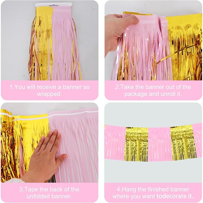BEISHIDA 3 Packs Metallic Foil Fringe Garland Macaron Pink Gold Wall Hanging Tinsel Fringe Banners for Car Floats Bridal Shower Wedding Birthday Graduation Holiday Party Decoration(30 Feet)
