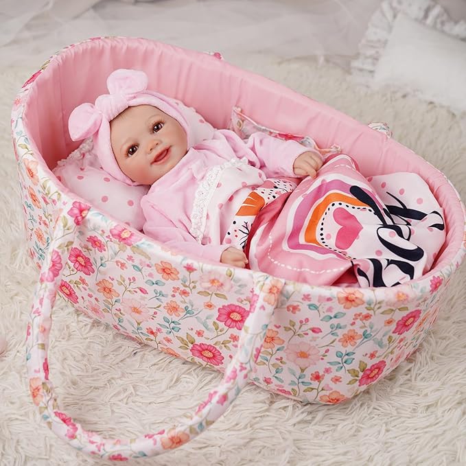 BABESIDE 3 Pcs Baby Doll Bassinet with Baby Doll Bedding Set for 17-22 Inch Dolls, Floral Patterns Babydoll Crib and Blanket for Lifelike Reborn Dolls Accessories, Pink
