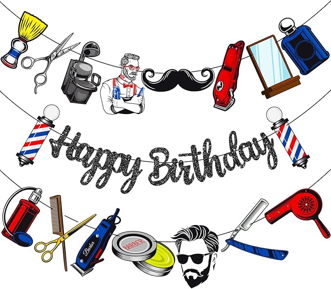 Barber Banners 3Pcs Hairdresser Party Decorations Glitter Black Barbershop Happy Birthday Banner Hairstylist Party Supplies for Barber Lovers Decor