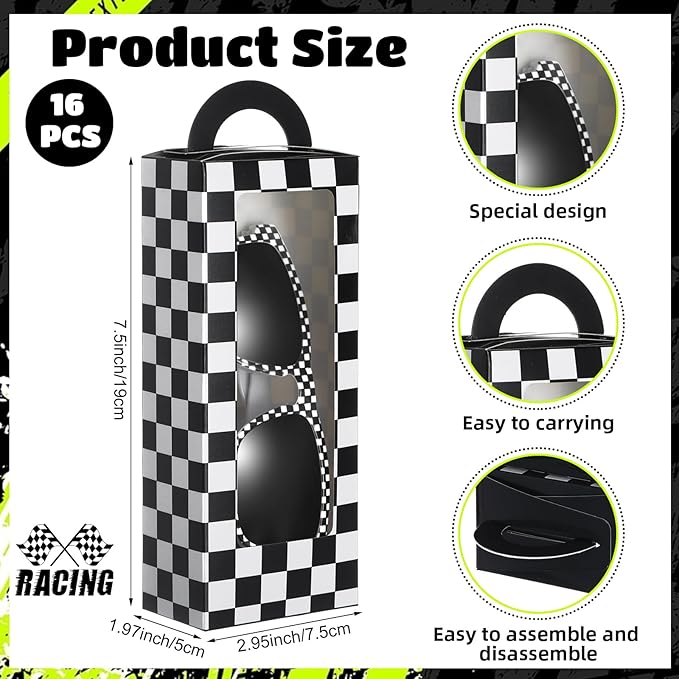 32 Pcs Race Car Party Favors Set 16 Black and White Checkered Favor Boxes and 16 Checkered Sunglasses Gift Boxes for Race Car Party Birthday Decorations