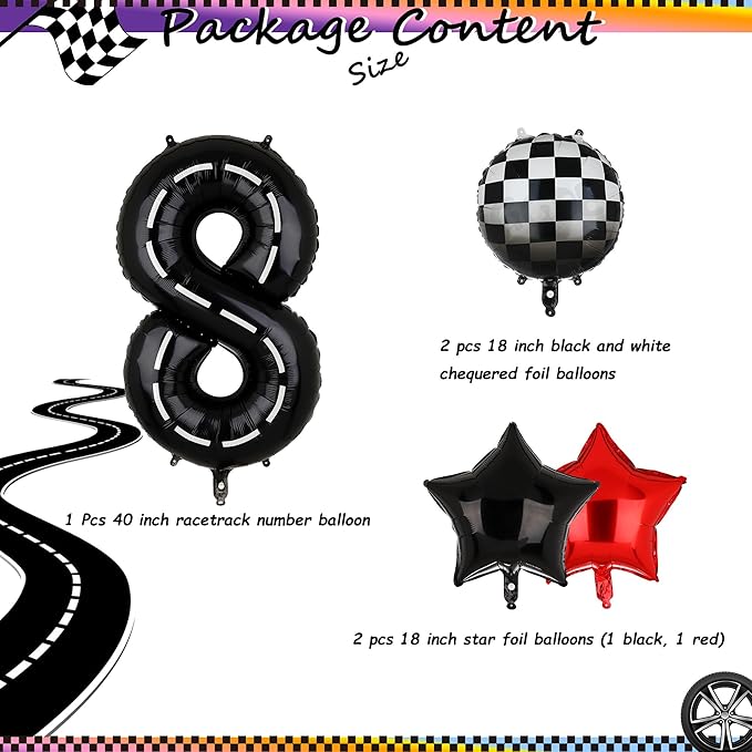 Race Car Birthday Balloons 40 Inch Racetrack Number Balloon 8 Black Boys 8st Birthday Race Car Theme Party Decor Supplies 5 Pcs