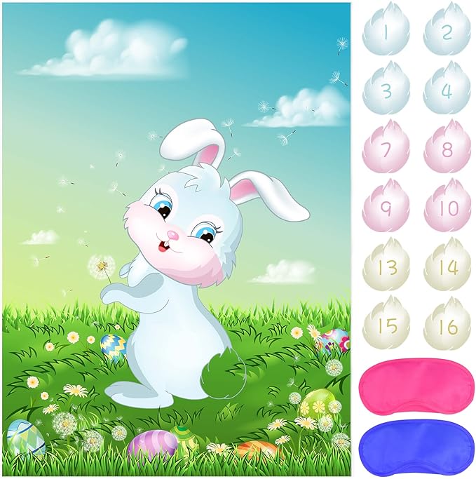 ASTARON Pin The Tail on The Bunny Game for Birthday Party, Easter Party Game with 24 pcs Tail Stickers for Happy Easter Party Decoration Supplies