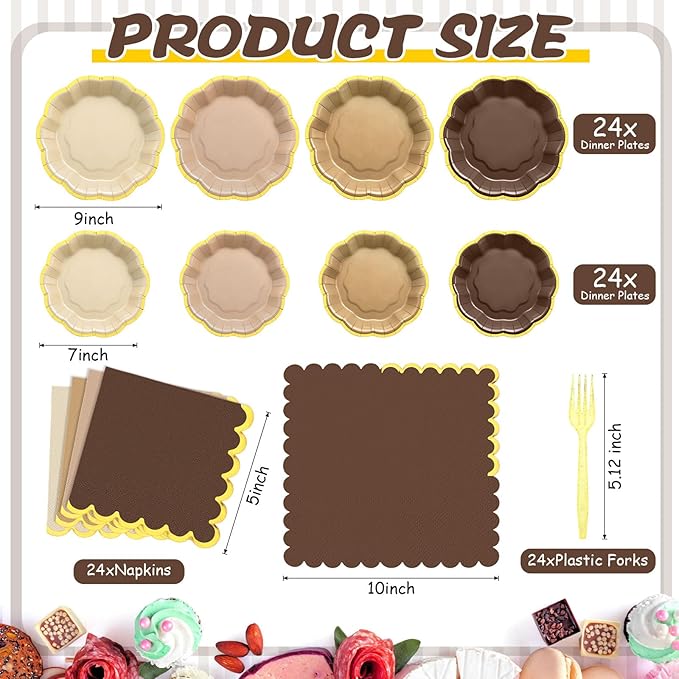 96 Pcs Brown Gold Plates Party Supplies Severs, Guests Disposable Party Decorations, 7'' and 9'' Scalloped Paper Plates, Cocktail Napkins Plastic Forks for Birthday Wedding