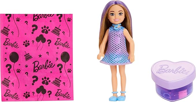 Barbie Party Unboxed Chelsea Doll Set, Glam Party Series with 6 Surprises Including Pet & Color Change (Styles May Vary)