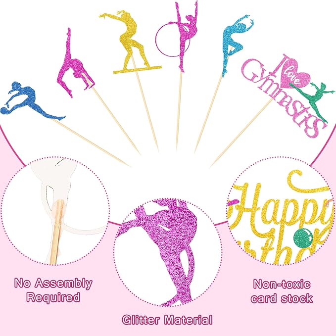 43 Pieces Gymnast Cake Toppers Glitter Gymnastics Cake Decorations Gymnastics Cupcake Toppers Gymnast Party Decorations Gymnastics Silhouette Cake Decorations for Baby Shower Party Supplies