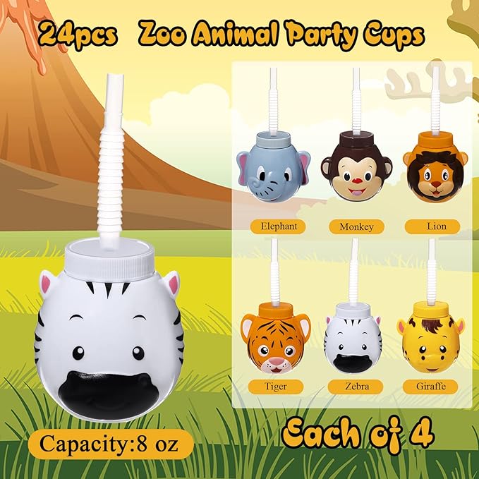 Hoolerry 24 Sets Zoo Animal Cups with Straws and Lids, 10 oz Plastic Reusable Safari Jungle Animal Theme Kids Cups for Safari Birthday Party Supplies