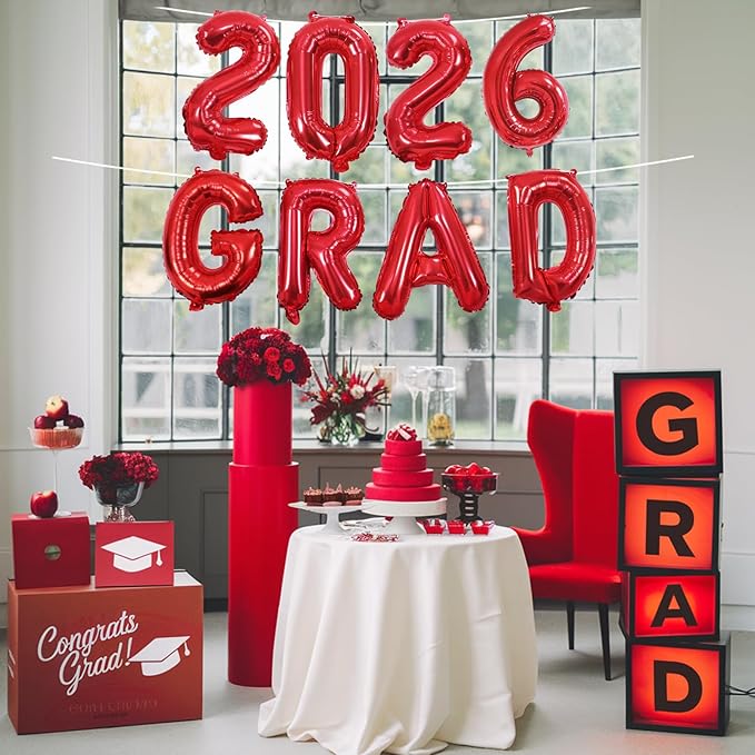 2026 Congratulations Grad Balloons, 16 Inch Red 2026 GRAD Foil Balloons Banner Sign Sign for for Graduation Decorations 2026, College High School Class of 2026 Graduate Congrats Party Decor Supplies