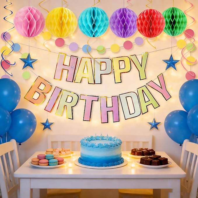 Birthday Banner Decorations with Honeycomb Balls, Stars, Circle Dots Garland Swirl Streamer Happy Birthday Party Decorations Supplies for Party(Macaron)