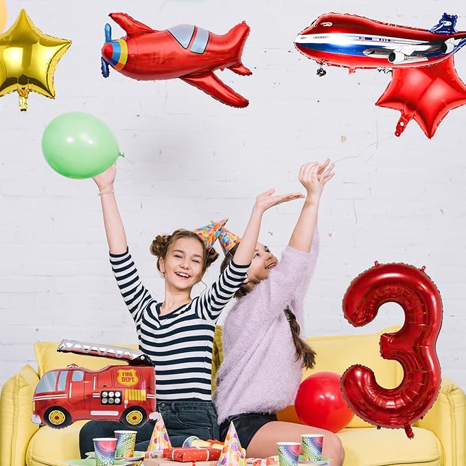 12pcs Transportation Balloons, Truck Plane School Bus Fire Truck Police Car Ship Ambulance Submarine Foil Balloon, Transportation 3rd Birthday Vehicles Theme Party Supplies Decorations (3rd)