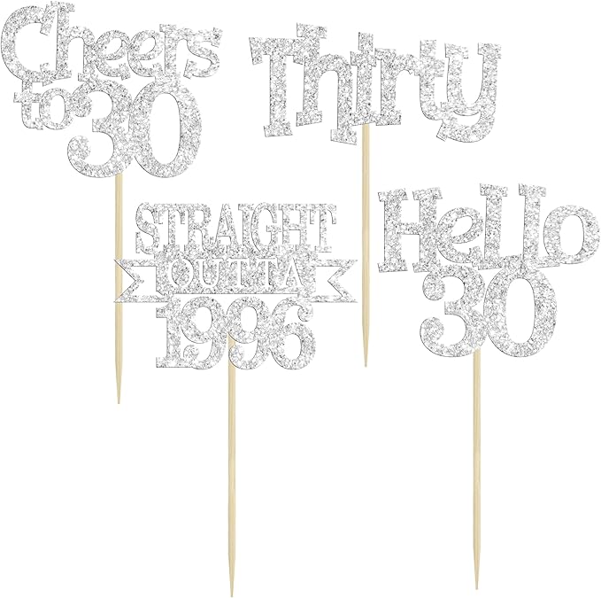 Ephlyn 24Pcs Happy 30th Birthday Cupcake Toppers Glitter Thirty Cupcake Picks Hello 30 Cheers to 30 Years Cake Decorations for 30th Birthday Anniversary Party Decorations Supplies Silver