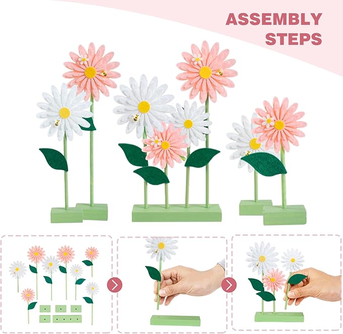 SUNBEAUTY 8PCS Daisy Felt Centerpieces for Tables Pink White Flower Birthday Party Daisy Birthday Decorations Spring Floral Table Centerpieces for Girl Birthday Baby Shower Garden Easter Party