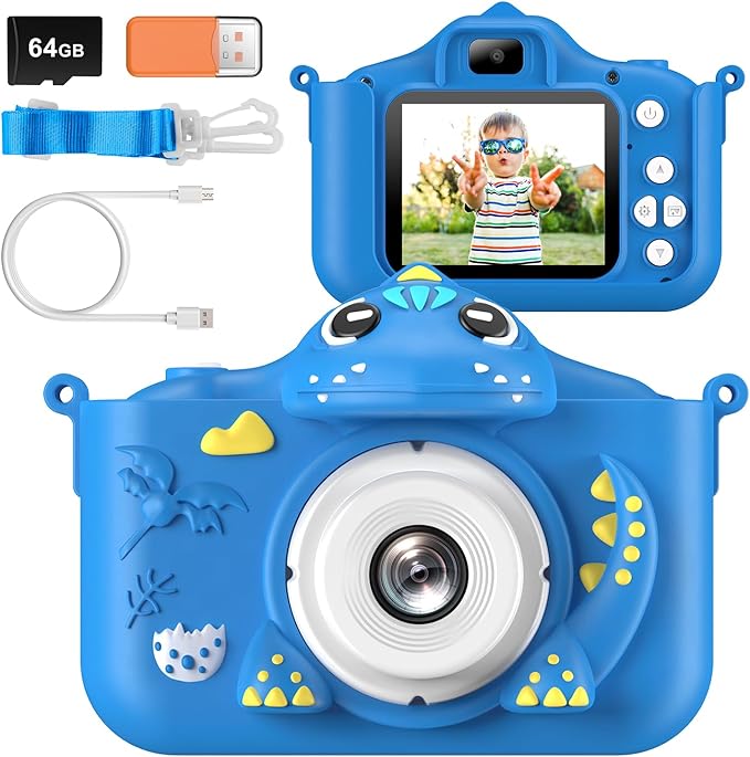 Kids Camera for Girls Boys Toddlers Childrens Age 3-8 Digital Selfie with 64GB Card for Son Daughter Grandson Granddaughter Christmas Birthday Gifts