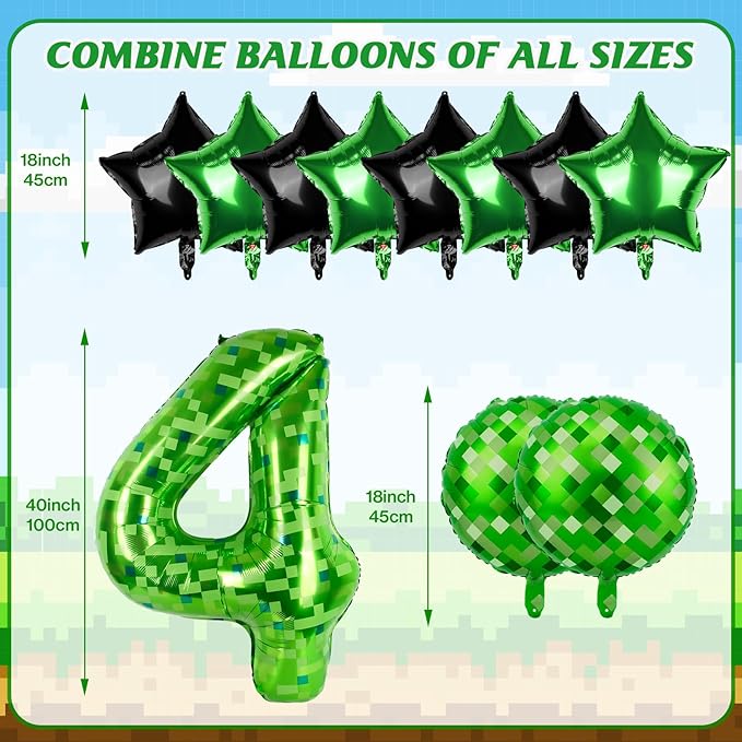 40 Inch Green Pixel Themed Number 4 Balloon Set Foil Balloon for Girls & Boys Birthday Party Decorations, Party Supplies & Favors (Number 4)