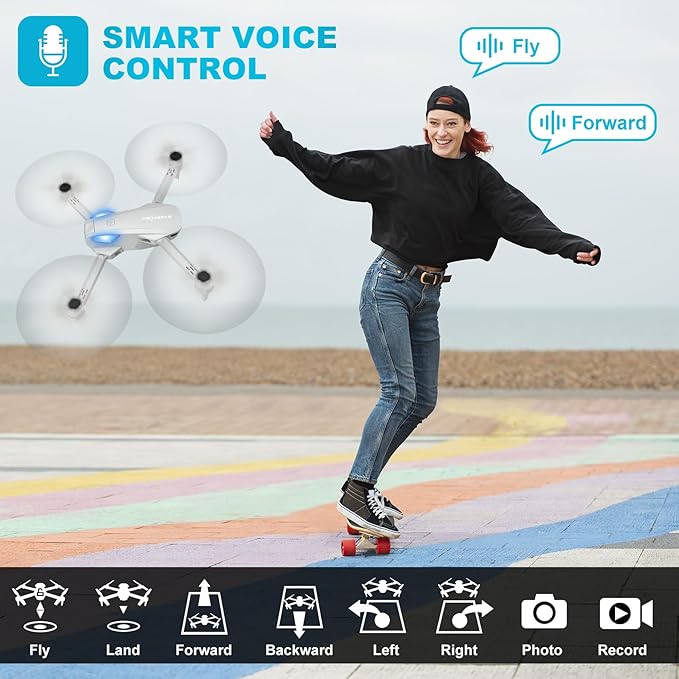 Drone with 1080P Camera for Beginners and Adults, Foldable Remote Control Quadcopter with Voice Control, Gestures Selfie, Altitude Hold, One Key Start, 3D Flips, 2 Batteries, Not water-proof, Toy for Beginners